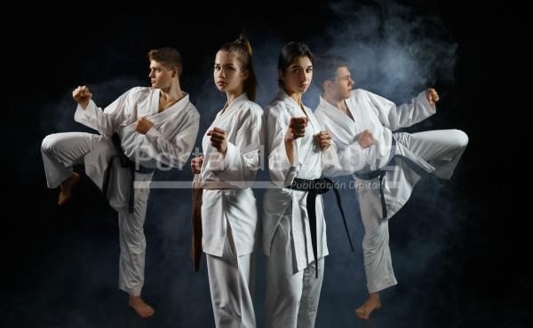 four karate fighters in kimono smoky background 2021 09 02 19 29 13 utc